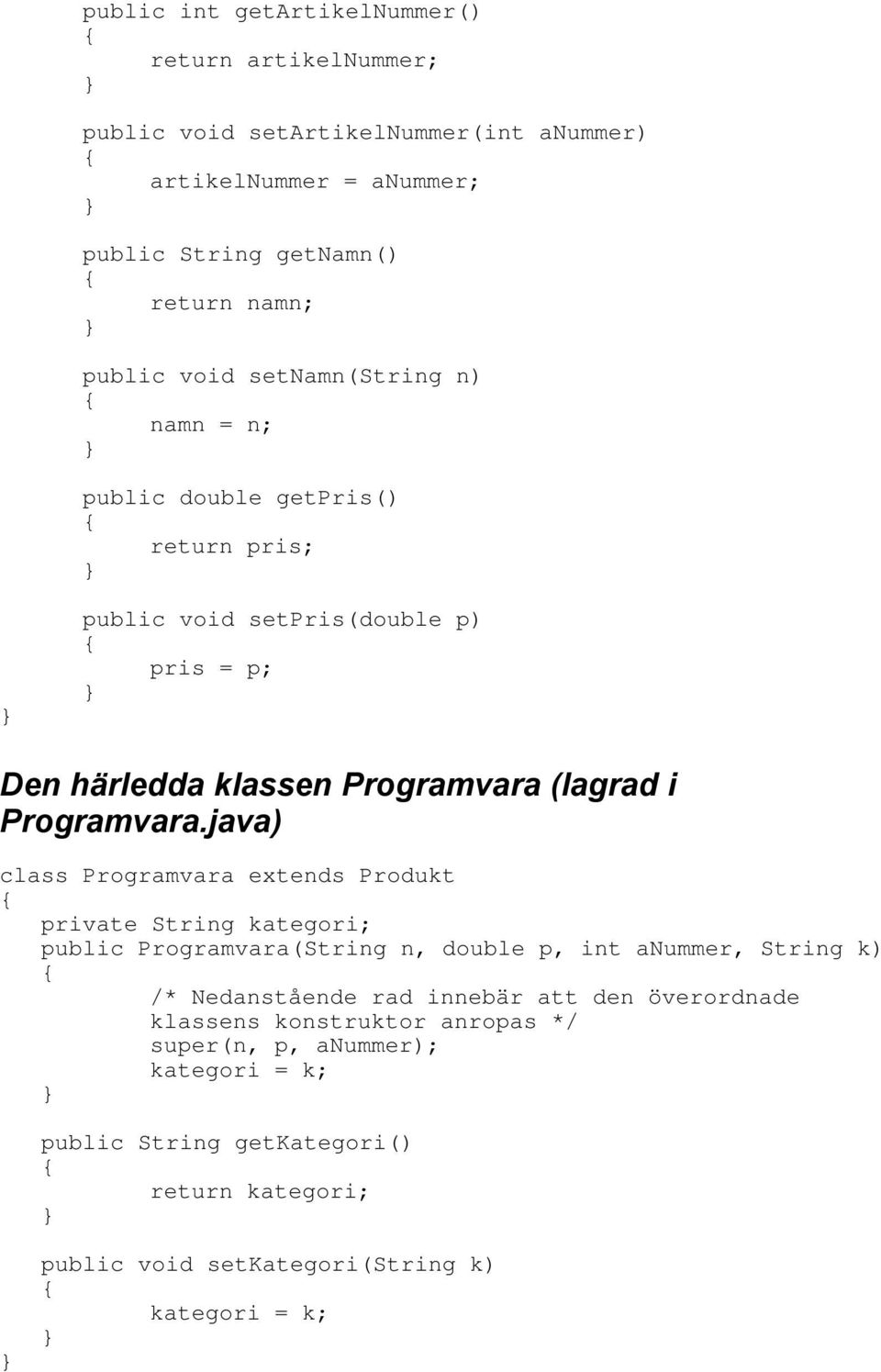 java) class Programvara extends Produkt private String kategori; public Programvara(String n, double p, int anummer, String k) /* Nedanstående rad innebär att den