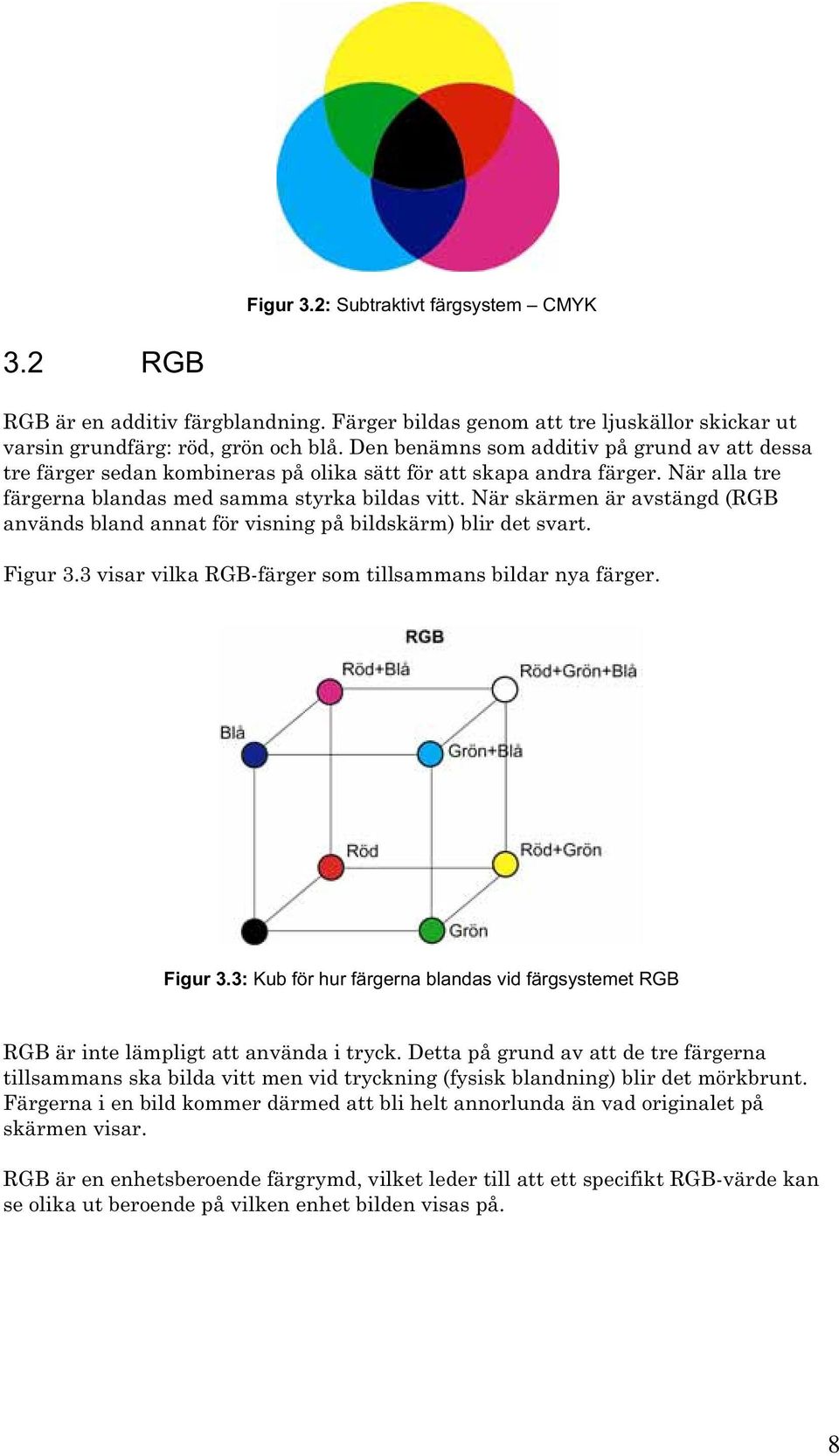 När skärmen är avstängd (RGB används bland annat för visning på bildskärm) blir det svart. Figur 3.3 visar vilka RGB-färger som tillsammans bildar nya färger. Figur 3.3: Kub för hur färgerna blandas vid färgsystemet RGB RGB är inte lämpligt att använda i tryck.