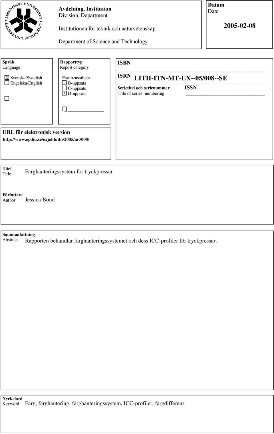 Title of series, numbering URL för elektronisk version http://www.ep.liu.