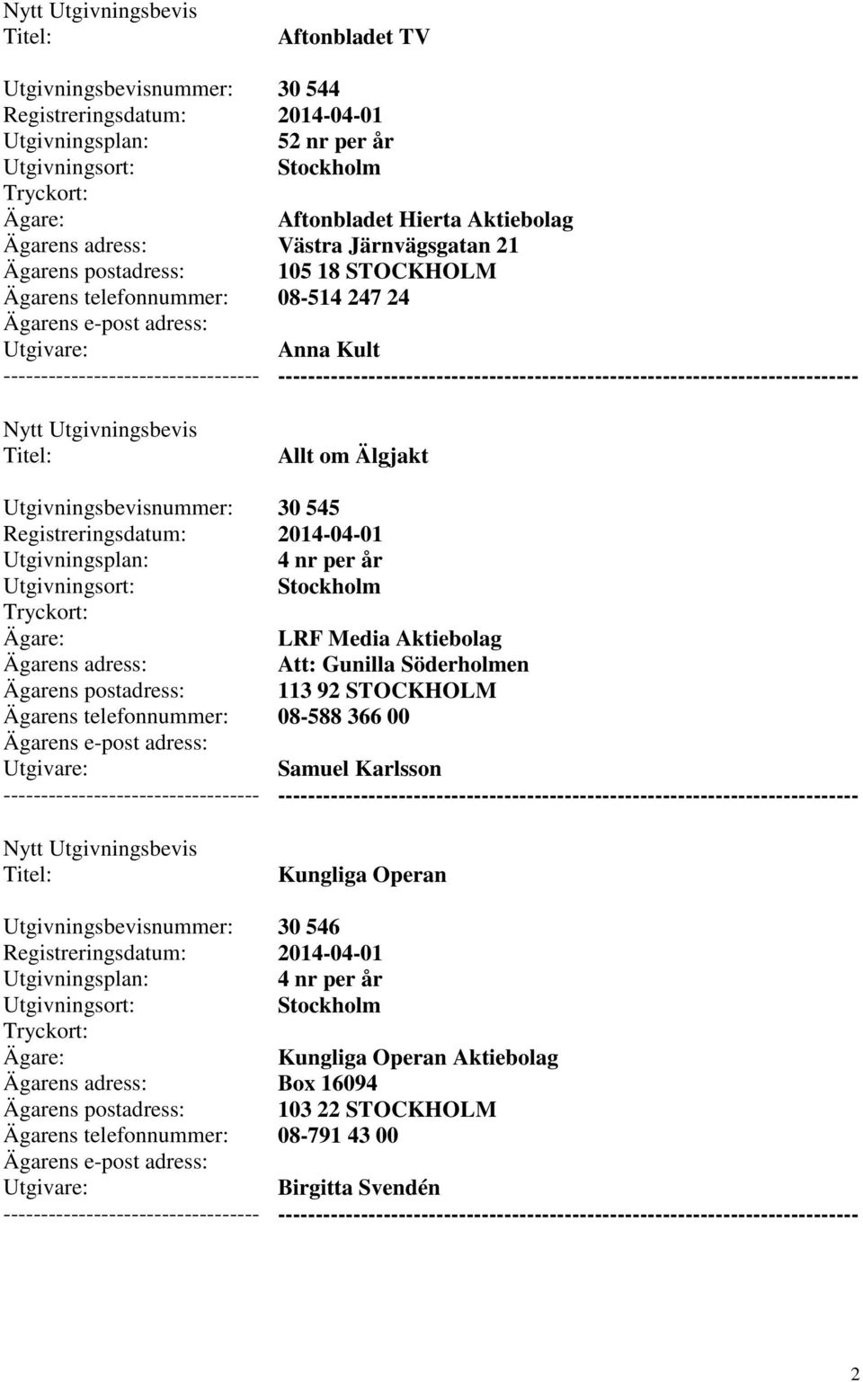 Gunilla Söderholmen 113 92 STOCKHOLM 08-588 366 00 Samuel Karlsson --------- Kungliga Operan 30