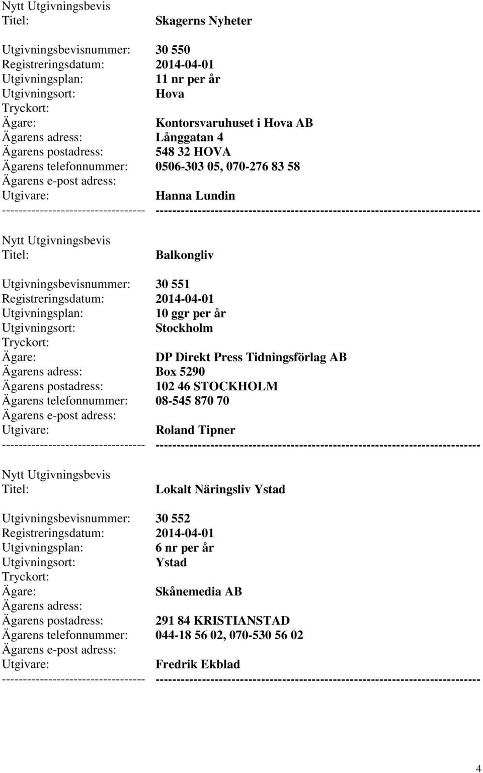 Tidningsförlag AB Box 5290 102 46 STOCKHOLM 08-545 870 70 Roland Tipner --------- Lokalt Näringsliv