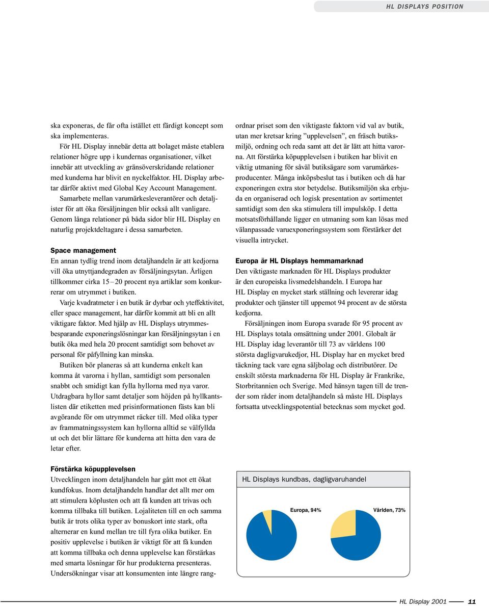 nyckelfaktor. HL Display arbetar därför aktivt med Global Key Account Management. Samarbete mellan varumärkesleverantörer och detaljister för att öka försäljningen blir också allt vanligare.