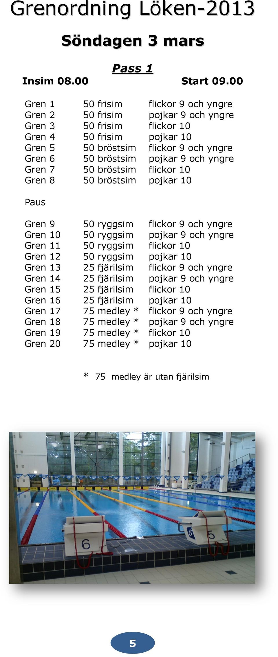 och yngre Gren 7 50 bröstsim flickor 10 Gren 8 50 bröstsim pojkar 10 Paus Gren 9 50 ryggsim flickor 9 och yngre Gren 10 50 ryggsim pojkar 9 och yngre Gren 11 50 ryggsim flickor 10 Gren 12 50