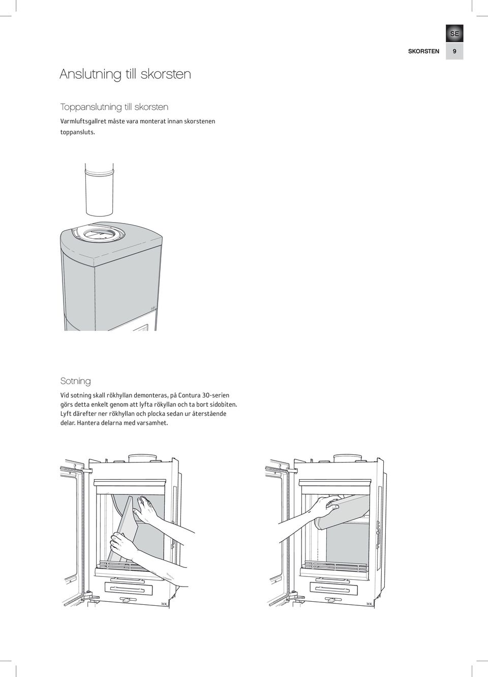 Sotning Vid sotning skall rökhyllan demonteras, på Contura 30-serien görs detta enkelt