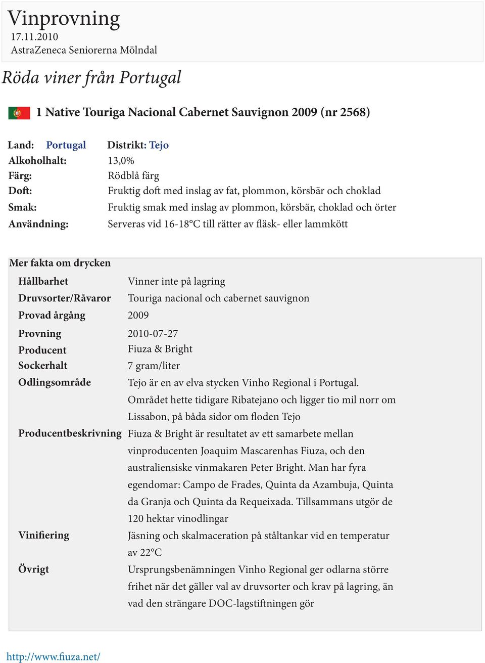 sauvignon 2009 2010-07-27 Fiuza & Bright 7 gram/liter Tejo är en av elva stycken Vinho Regional i Portugal.