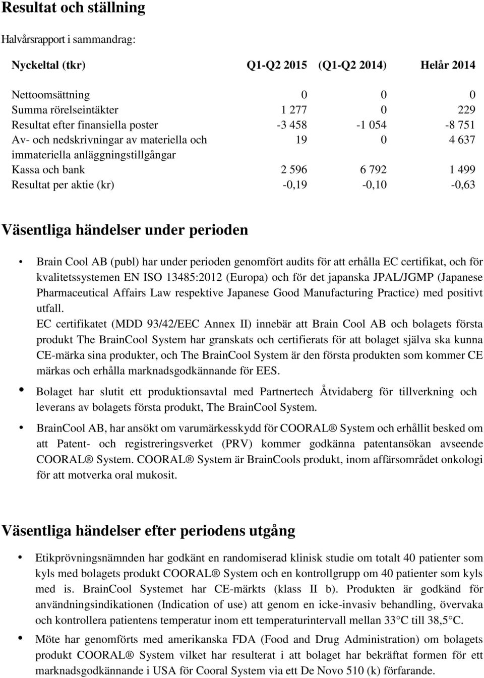 under perioden Brain Cool AB (publ) har under perioden genomfört audits för att erhålla EC certifikat, och för kvalitetssystemen EN ISO 13485:2012 (Europa) och för det japanska JPAL/JGMP (Japanese