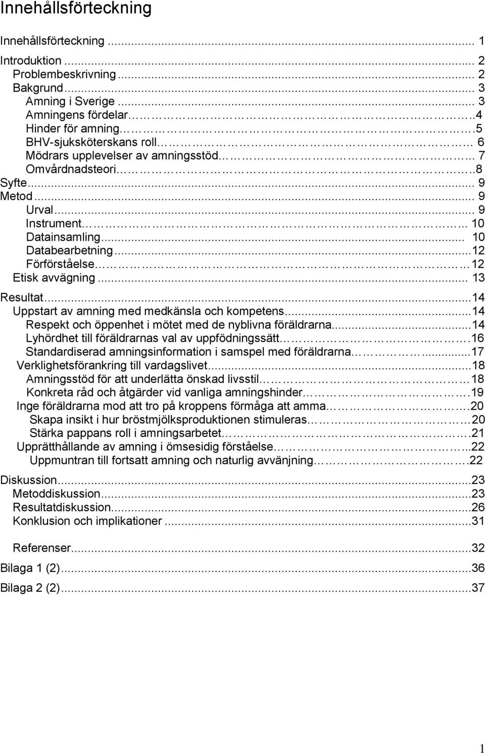 ..12 Förförståelse 12 Etisk avvägning... 13 Resultat...14 Uppstart av amning med medkänsla och kompetens...14 Respekt och öppenhet i mötet med de nyblivna föräldrarna.