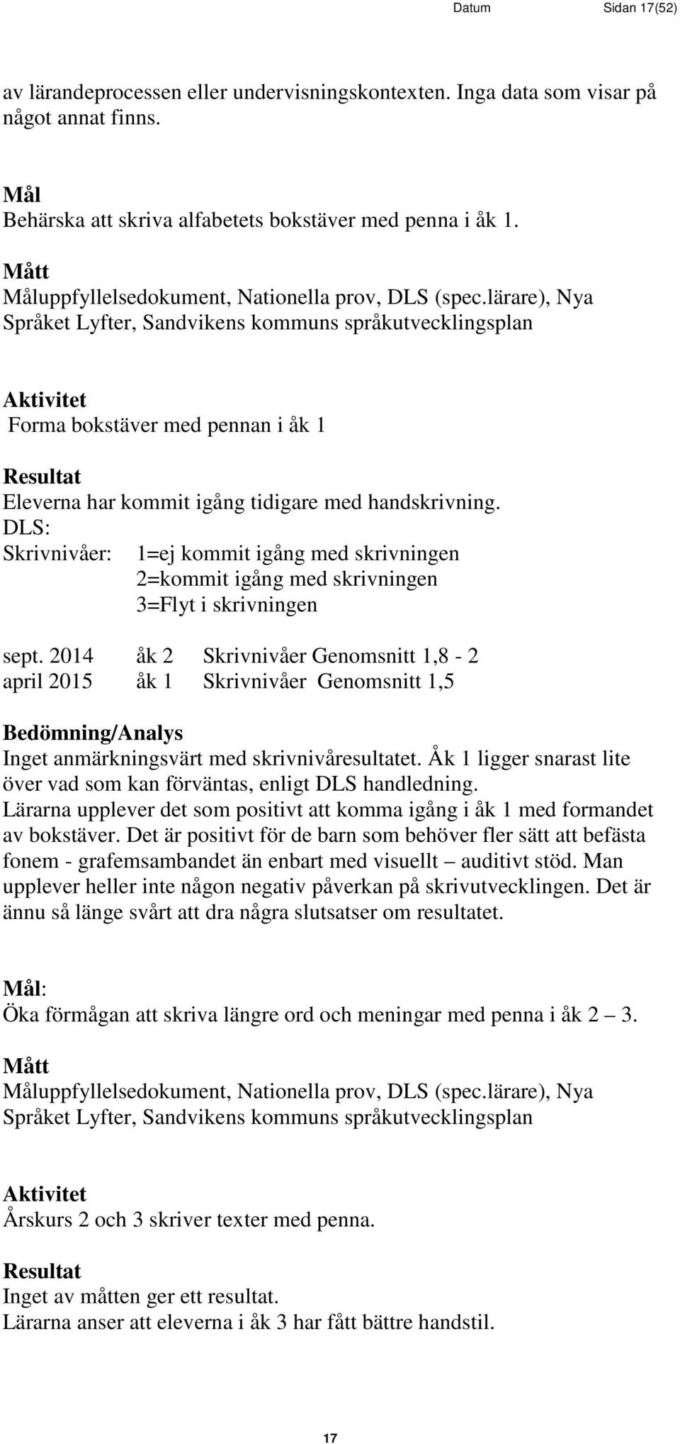 lärare), Nya Språket Lyfter, Sandvikens kommuns språkutvecklingsplan Forma bokstäver med pennan i åk 1 Resultat Eleverna har kommit igång tidigare med handskrivning.