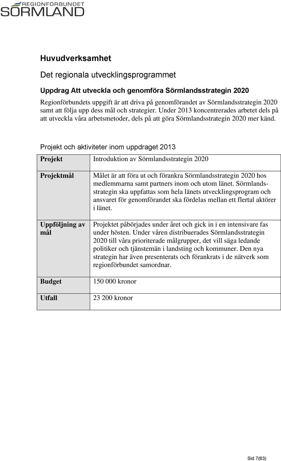 Projekt och aktiviteter inom uppdraget 2013 Projekt Introduktion av Sörmlandsstrategin 2020 Projekt Målet är att föra ut och förankra Sörmlandsstrategin 2020 hos medlemmarna samt partners inom och