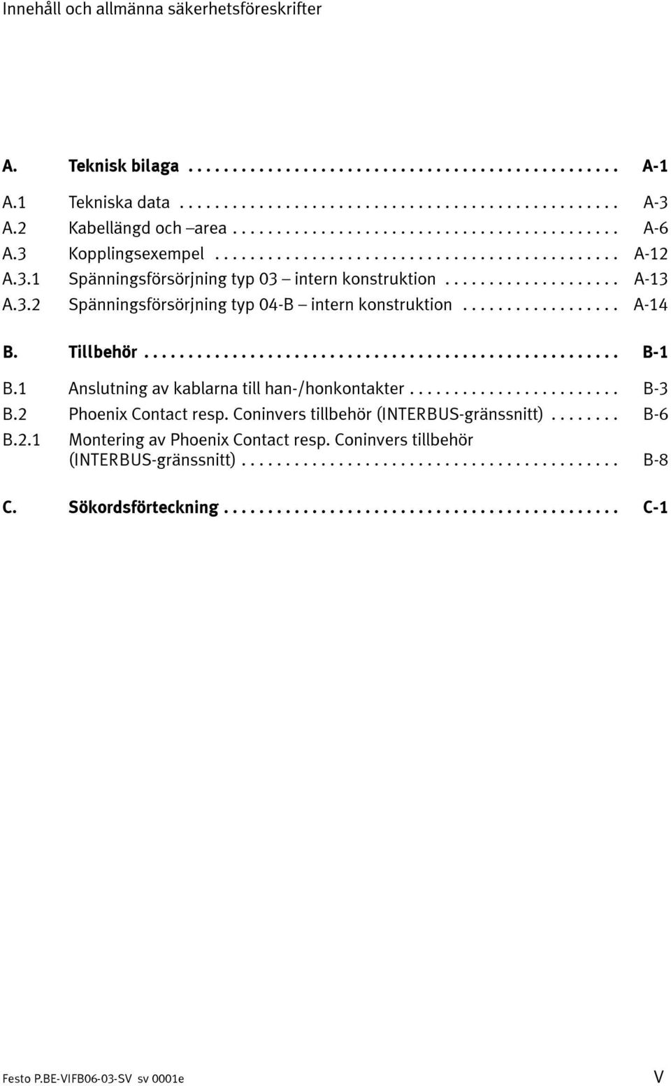.. A-14 B. Tillbehör... B-1 B.1 Anslutning av kablarna till han-/honkontakter... B-3 B.2 Phoenix Contact resp.