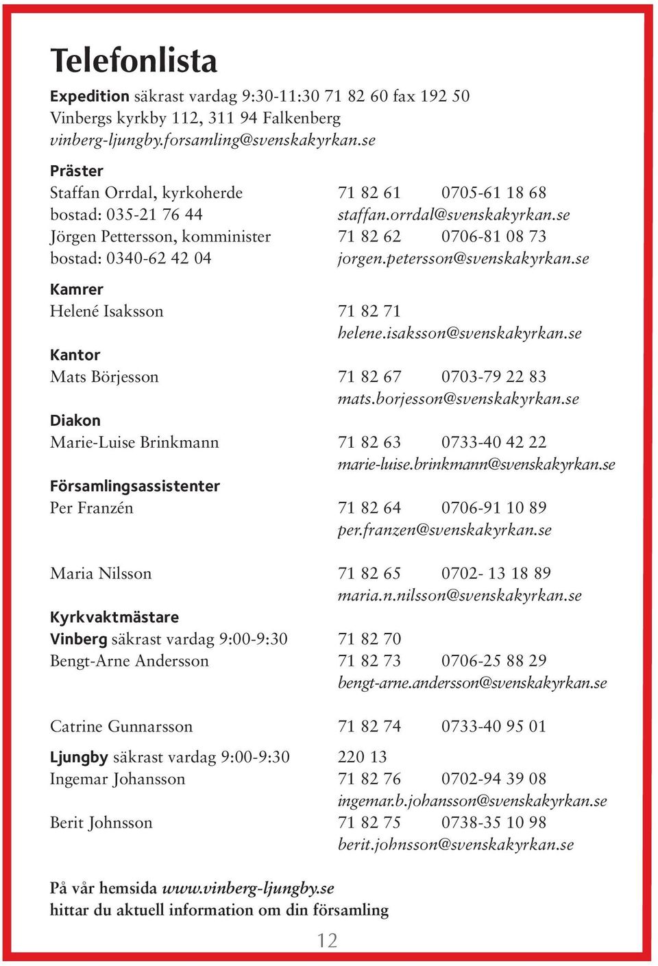 petersson@svenskakyrkan.se Kamrer Helené Isaksson 71 82 71 helene.isaksson@svenskakyrkan.se Kantor Mats Börjesson 71 82 67 0703-79 22 83 mats.borjesson@svenskakyrkan.