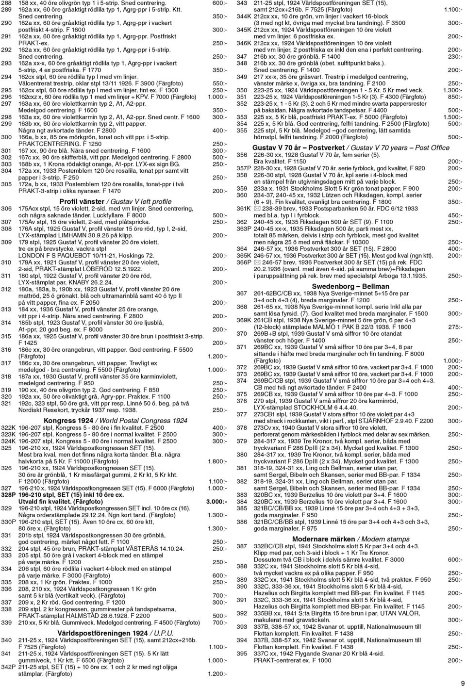 250:- 293 162a xx-x, 60 öre gråaktigt rödlila typ 1, Agrg-ppr i vackert 5-strip, 4 ex postfriska. F 1770 350:- 294 162cx stpl, 60 öre rödlila typ I med vm linjer.