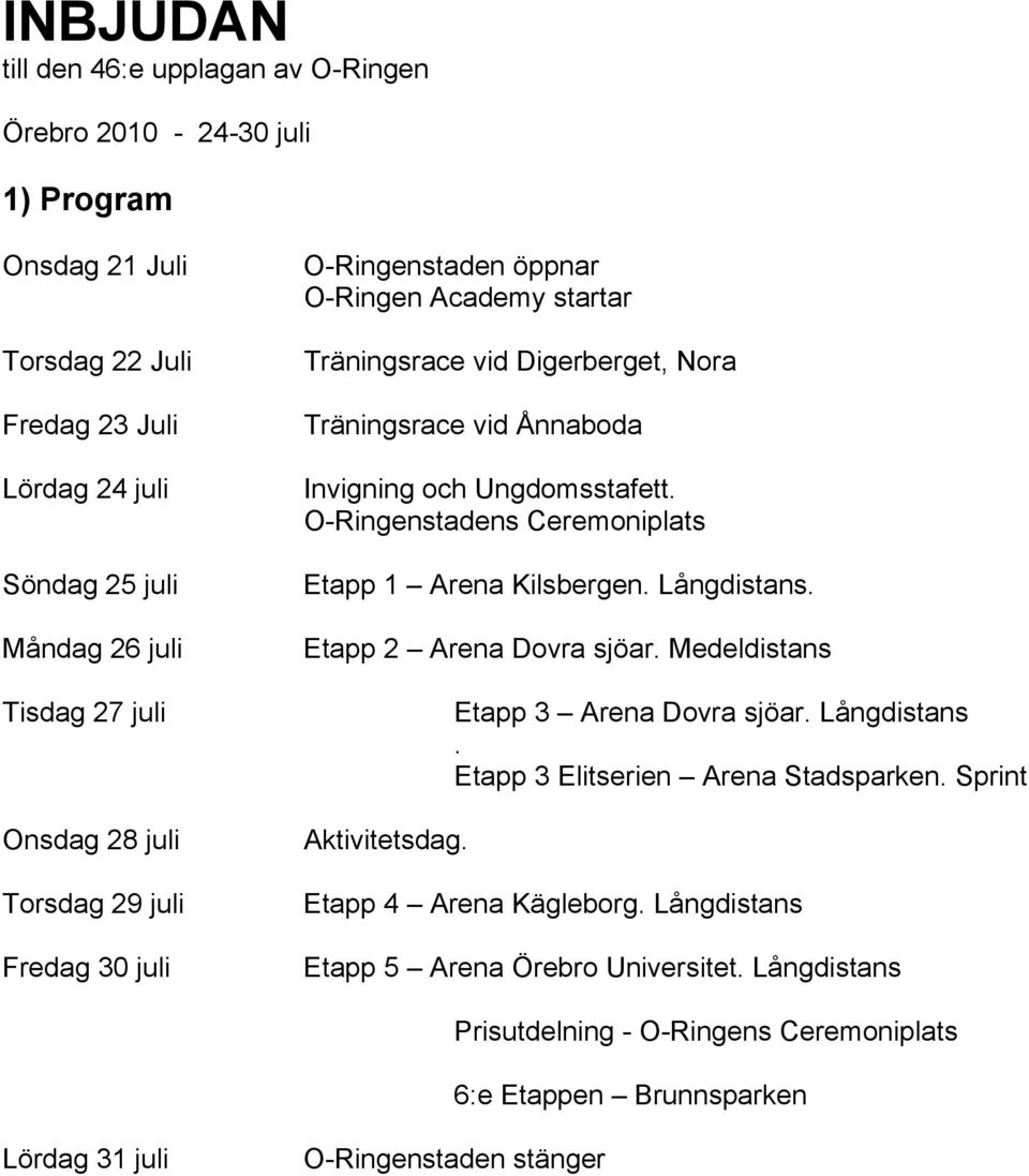 O-Ringenstadens Ceremoniplats Etapp 1 Arena Kilsbergen. Långdistans. Etapp 2 Arena Dovra sjöar. Medeldistans Aktivitetsdag. Etapp 3 Arena Dovra sjöar. Långdistans. Etapp 3 Elitserien Arena Stadsparken.