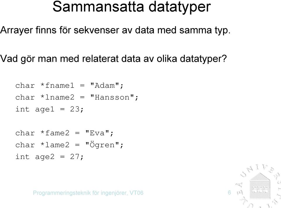 char *fname1 = "Adam"; char *lname2 = "Hansson"; int age1 = 23; char