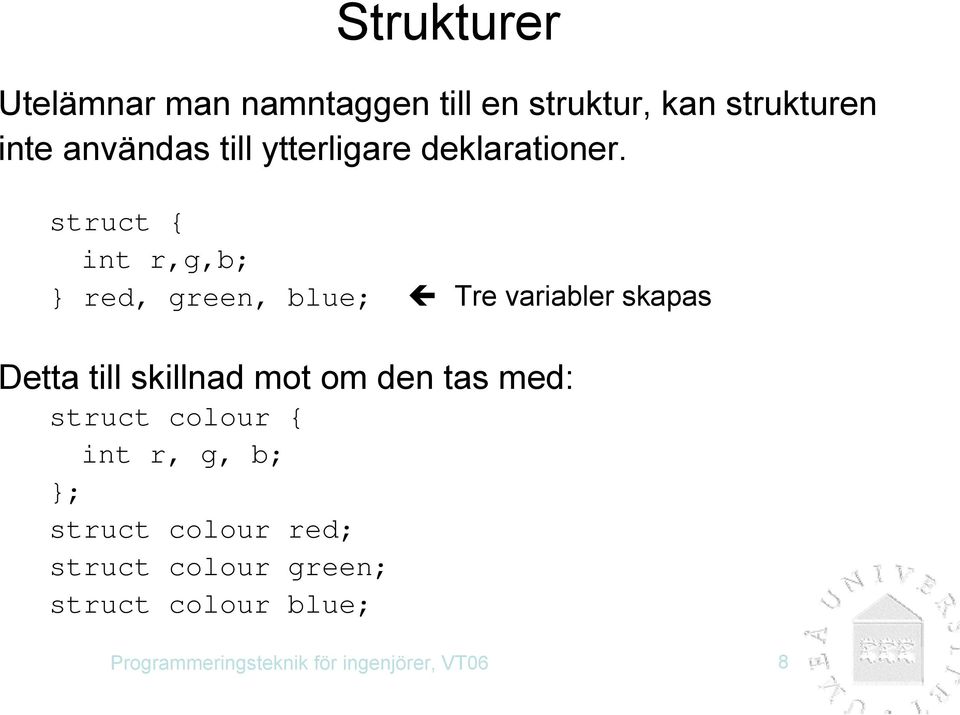 struct { int r,g,b; } red, green, blue; Tre variabler skapas Detta till skillnad mot om