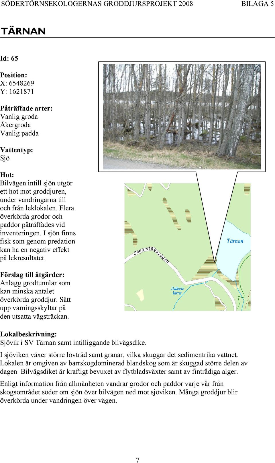 Anlägg grodtunnlar som kan minska antalet överkörda groddjur. Sätt upp varningsskyltar på den utsatta vägsträckan. Sjövik i SV Tärnan samt intilliggande bilvägsdike.