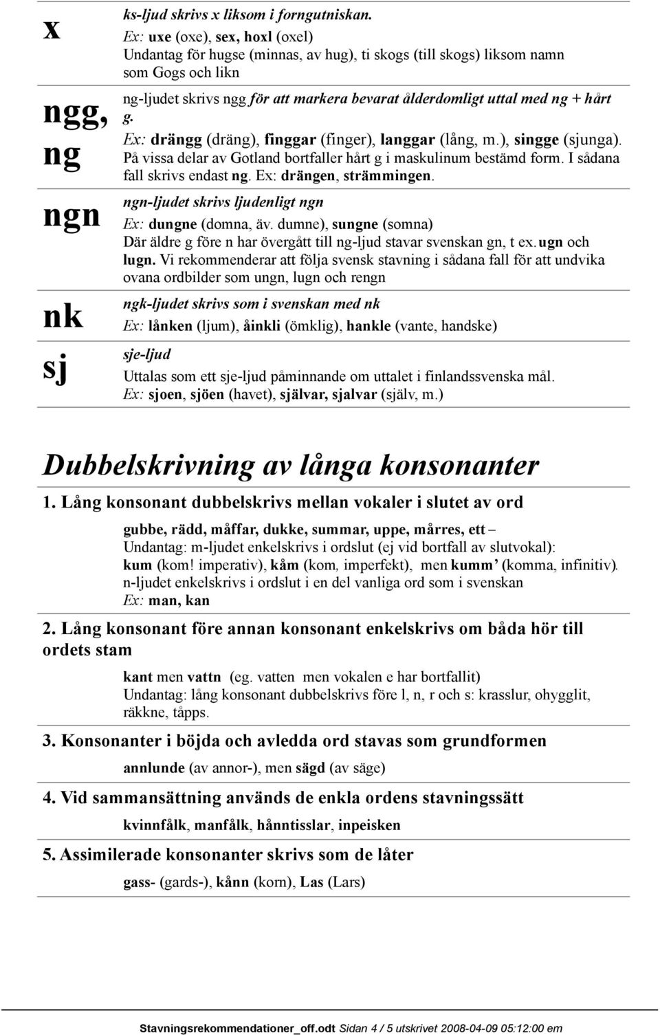 g. Ex: drängg (dräng), finggar (finger), langgar (lång, m.), singge (sjunga). På vissa delar av Gotland bortfaller hårt g i maskulinum bestämd form. I sådana fall skrivs endast ng.