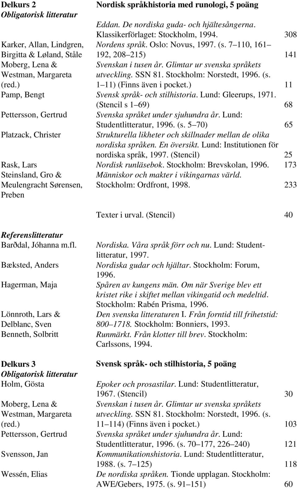 Glimtar ur svenska språkets utveckling. SSN 81. Stockholm: Norstedt, 1996. (s. 1 11) (Finns även i pocket.) 11 Pamp, Bengt Svensk språk- och stilhistoria. Lund: Gleerups, 1971.