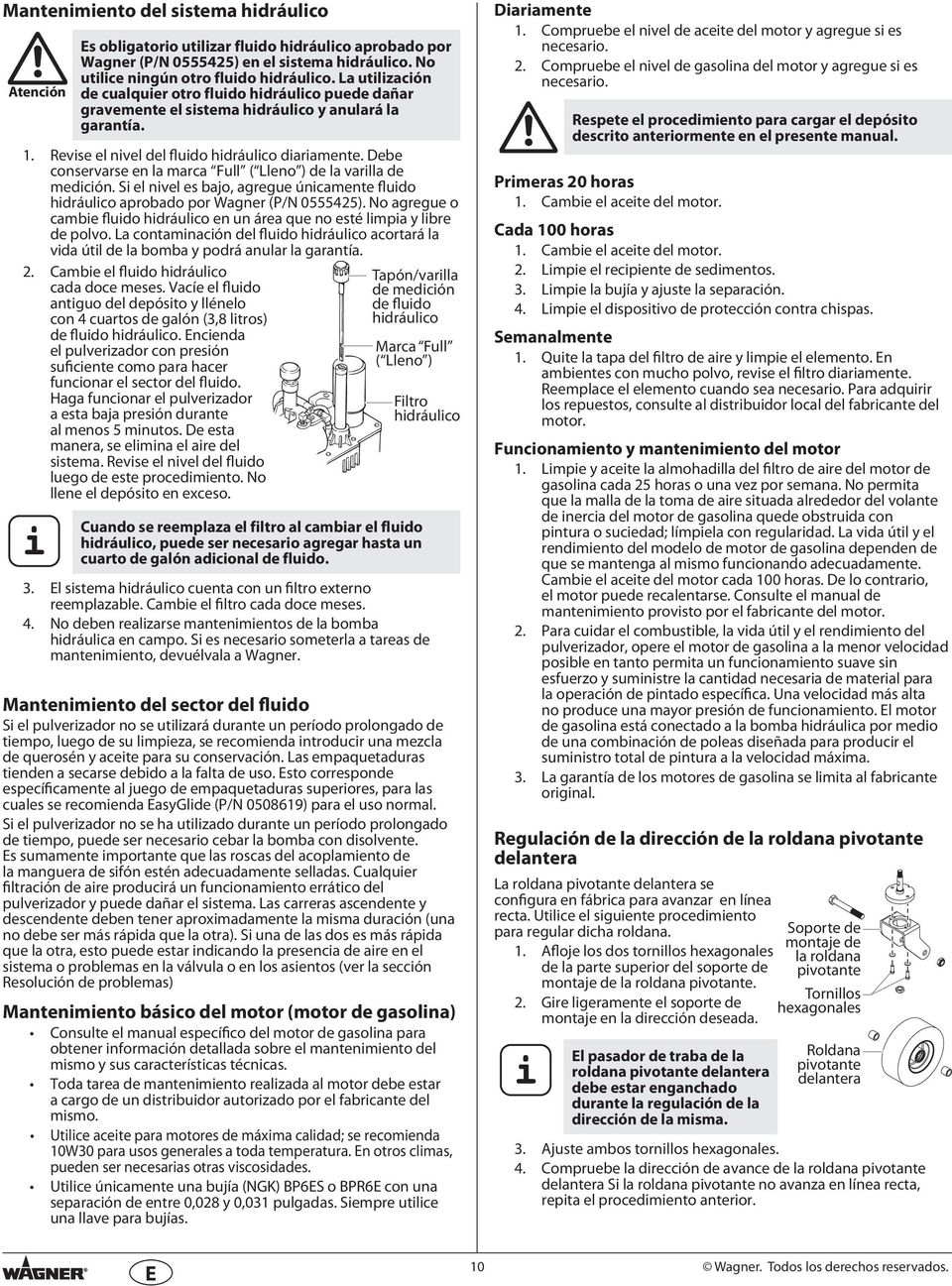 Debe conservarse en la marca Full ( Lleno ) de la varlla de medcón. S el nvel es bajo, agregue úncamente fludo hdráulco aprobado por Wagner (P/N 05555).