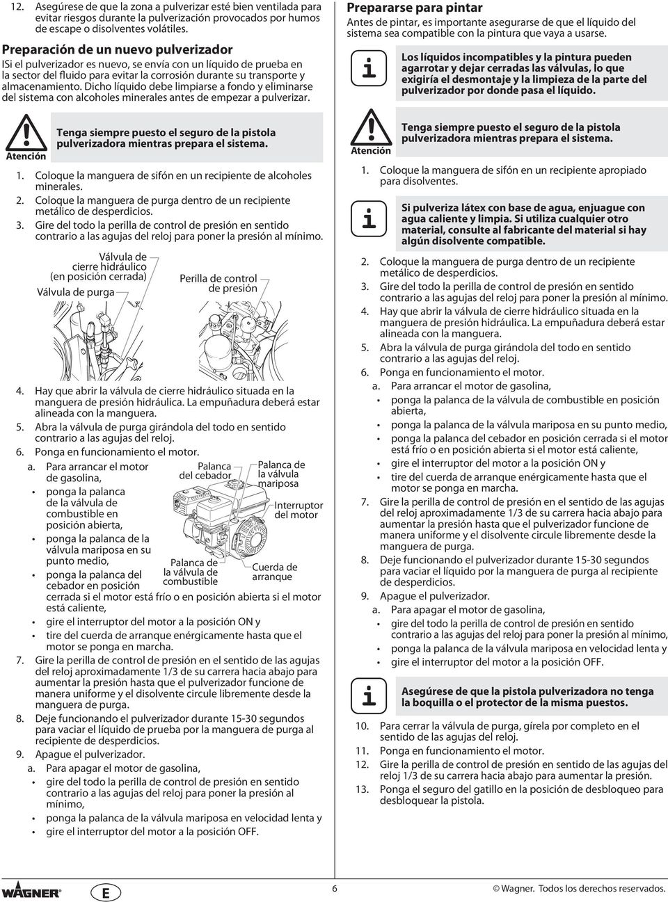 Dcho líqudo debe lmparse a fondo y elmnarse del sstema con alcoholes mnerales antes de empezar a pulverzar. Atencón Tenga sempre puesto el seguro de la pstola pulverzadora mentras prepara el sstema.