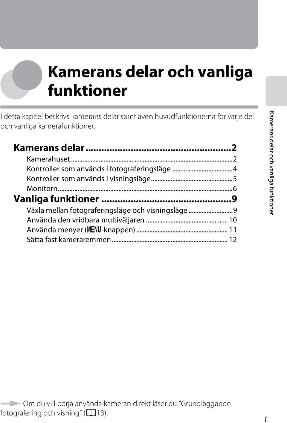 ..6 Vanliga funktioner...9 Växla mellan fotograferingsläge och visningsläge...9 Använda den vridbara multiväljaren... 10 Använda menyer (d-knappen).