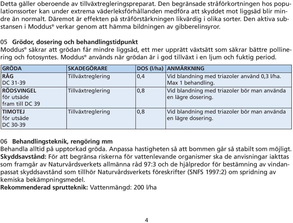 Däremot är effekten på stråförstärkningen likvärdig i olika sorter. Den aktiva substansen i Moddus verkar genom att hämma bildningen av gibberelinsyror.