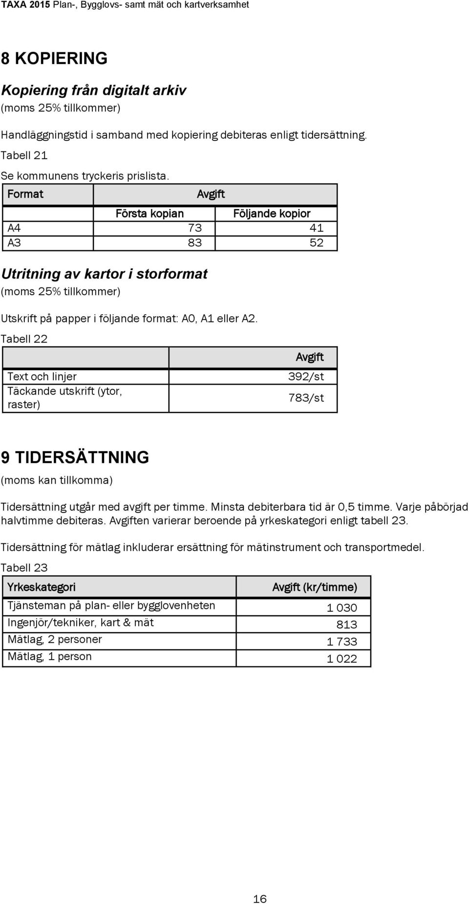 Tabell 22 Text och linjer Täckande utskrift (ytor, raster) 392/st 783/st 9 TIDERSÄTTNING (moms kan tillkomma) Tidersättning utgår med avgift per timme. Minsta debiterbara tid är 0,5 timme.