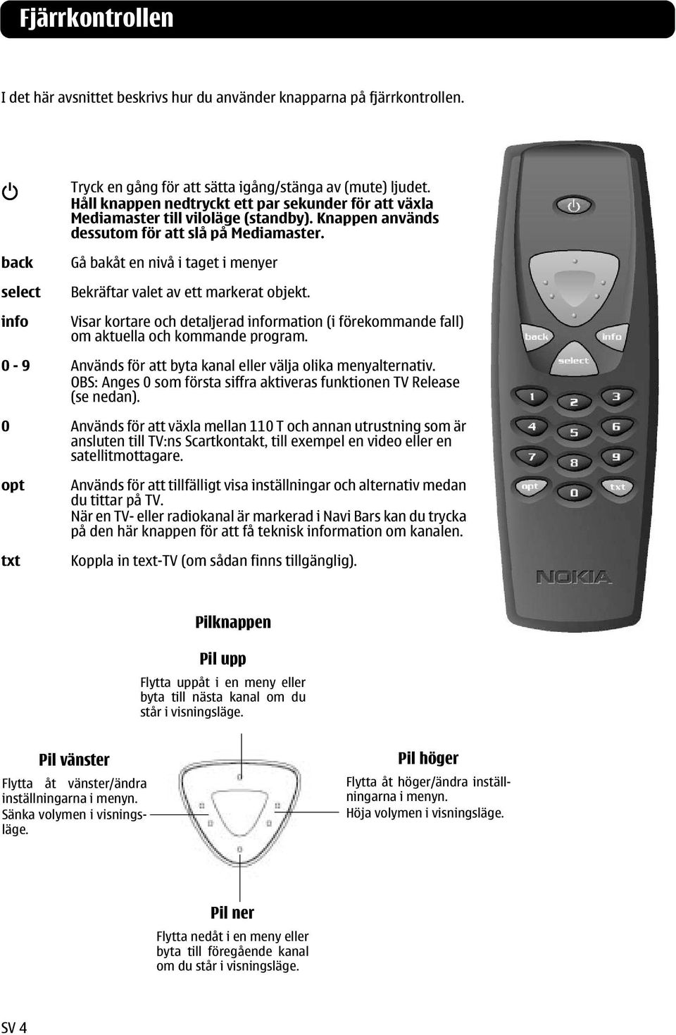 back select info Gå bakåt en nivå i taget i menyer Bekräftar valet av ett markerat objekt. Visar kortare och detaljerad information (i förekommande fall) om aktuella och kommande program.