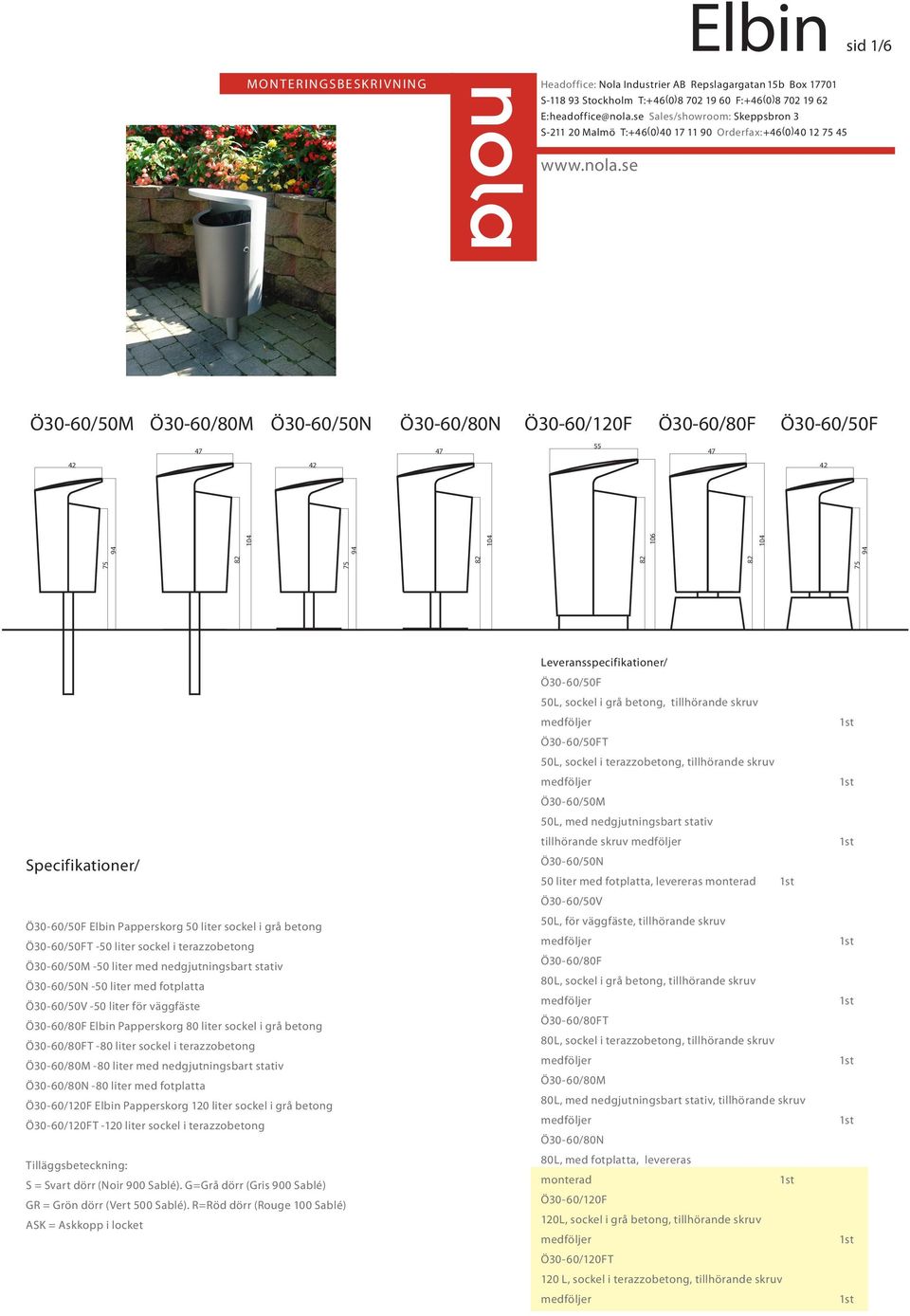 -50 liter för väggfäste Ö30-60/80F Elbin Papperskorg 80 liter sockel i grå betong Ö30-60/80FT -80 liter sockel i terazzobetong Ö30-60/80M -80 liter med nedgjutningsbart stativ Ö30-60/80N -80 liter