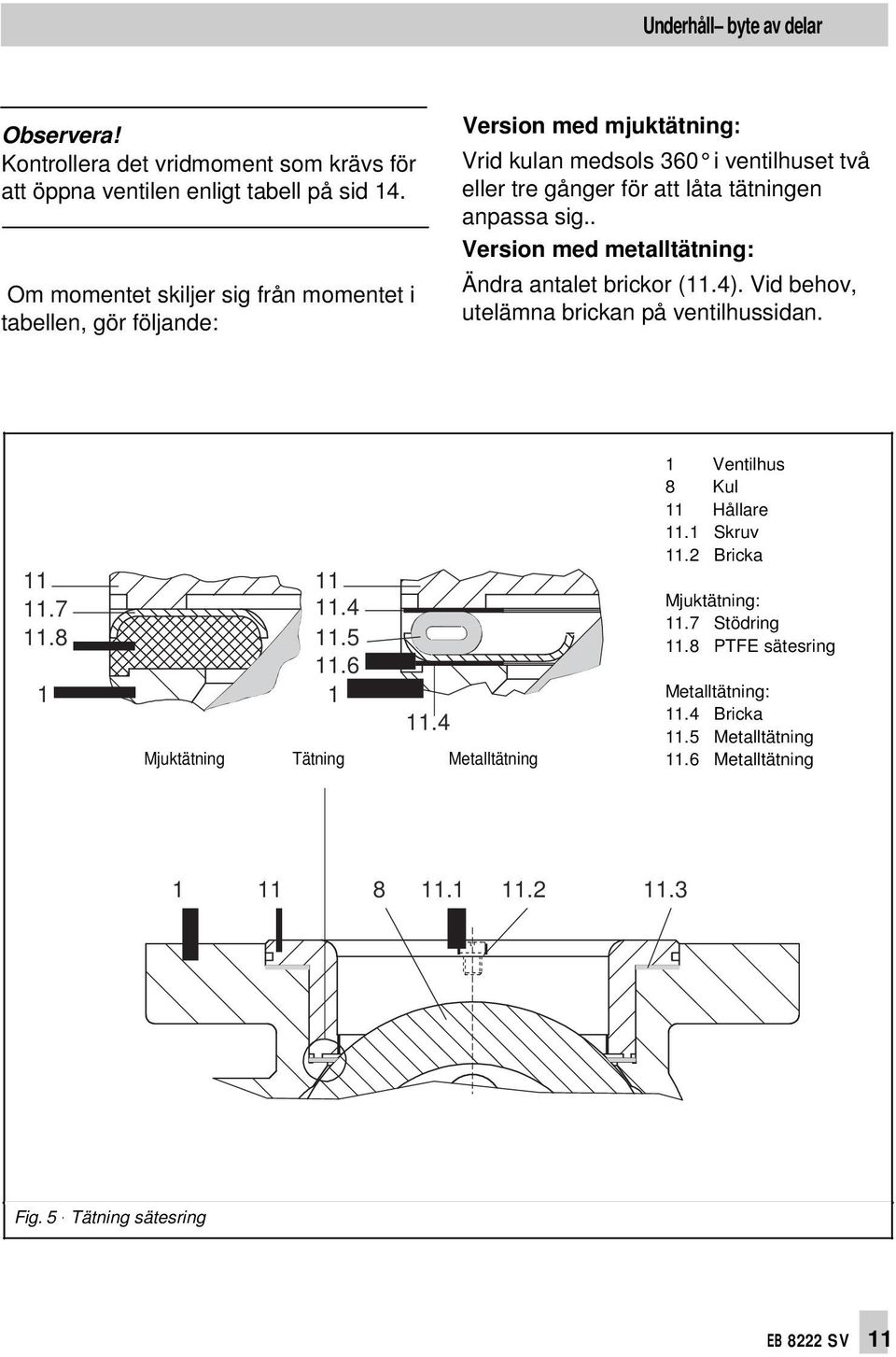 anpassa sig.. Version med metalltätning: Ändra antalet brickor (11.4). Vid behov, utelämna brickan på ventilhussidan. 11 11.7 11.8 11 11.4 11.5 11.6 1 1 11.