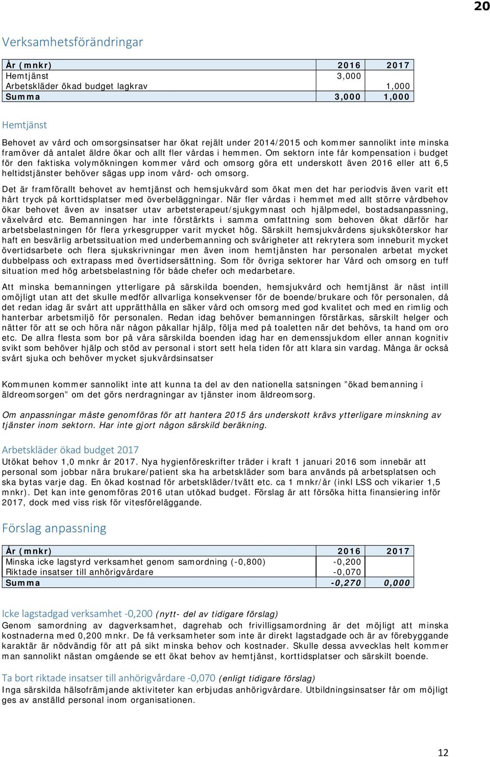 Om sektorn inte får kompensation i budget för den faktiska volymökningen kommer vård och omsorg göra ett underskott även 2016 eller att 6,5 heltidstjänster behöver sägas upp inom vård- och omsorg.