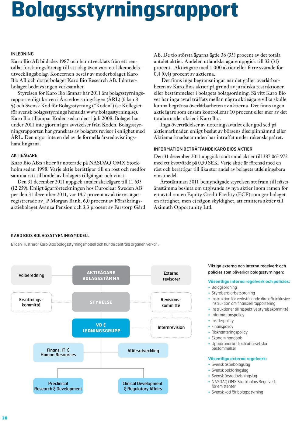Styrelsen för Karo Bio lämnar här 2011 års bolagsstyrningsrapport enligt kraven i Årsredovisningslagen (ÅRL) (6 kap 8 ) och Svensk Kod för Bolagsstyrning ( Koden ) (se Kollegiet för svensk