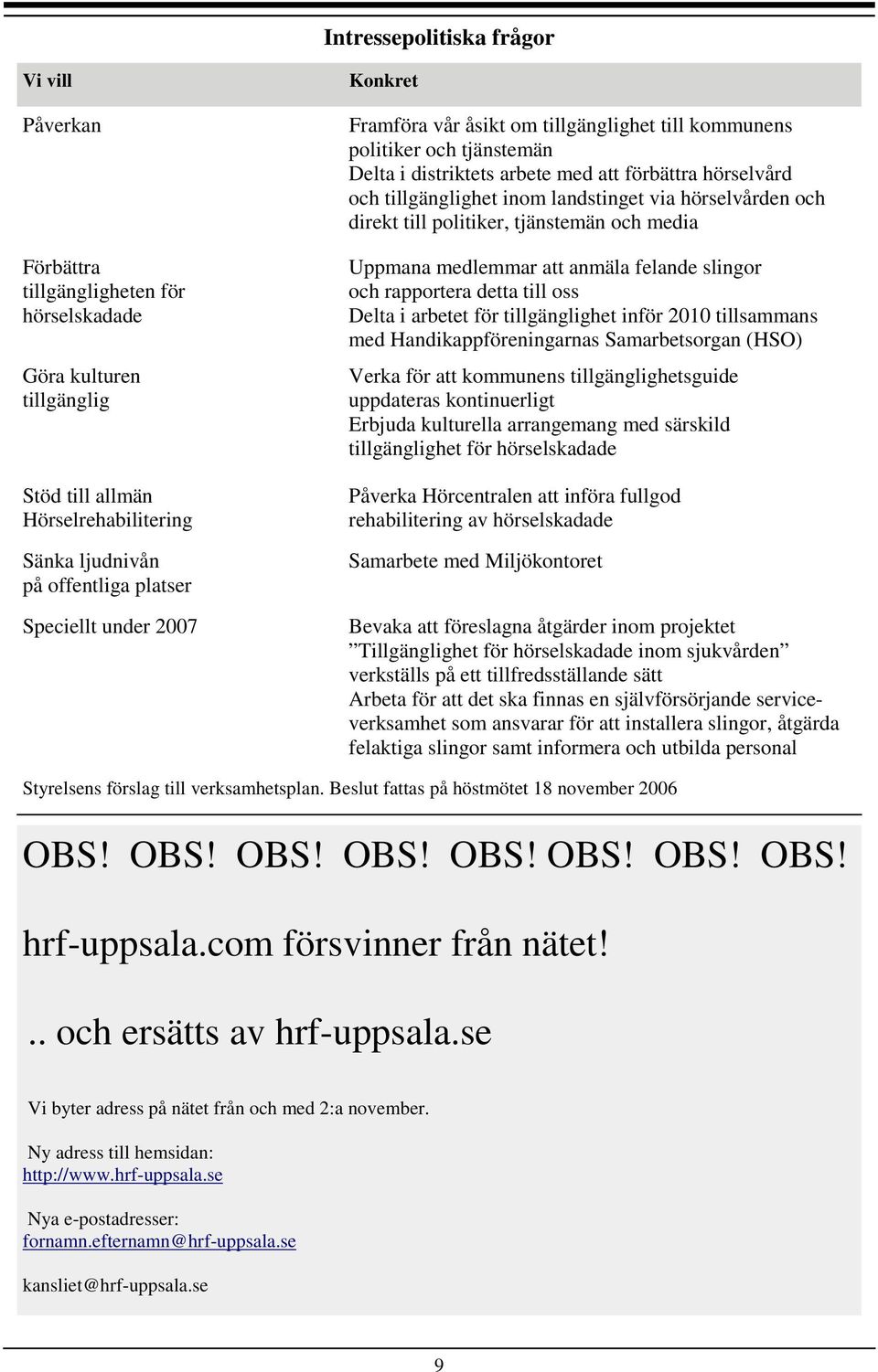 hörselvården och direkt till politiker, tjänstemän och media Uppmana medlemmar att anmäla felande slingor och rapportera detta till oss Delta i arbetet för tillgänglighet inför 2010 tillsammans med