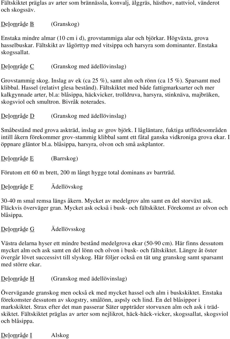 Inslag av ek (ca 25 %), samt alm och rönn (ca 15 %). Sparsamt med klibbal. Hassel (relativt glesa bestånd). Fältskiktet med både fattigmarksarter och mer kalkgynnade arter, bl.