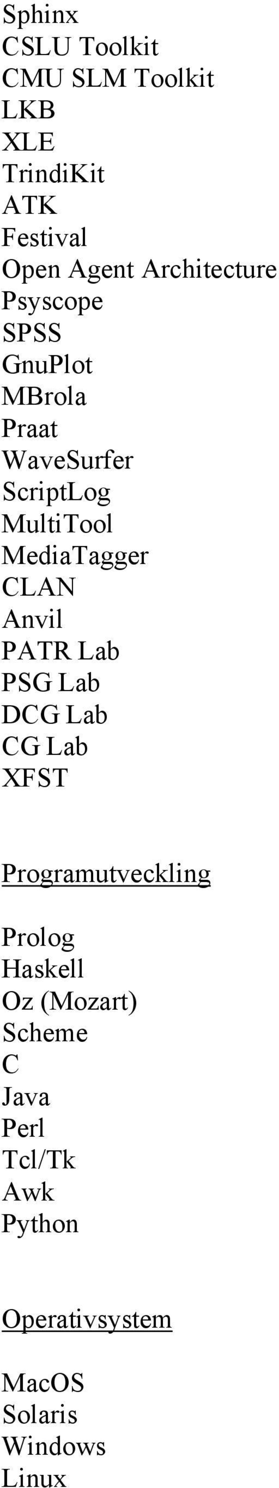 MediaTagger CLAN Anvil PATR Lab PSG Lab DCG Lab CG Lab XFST Programutveckling Prolog