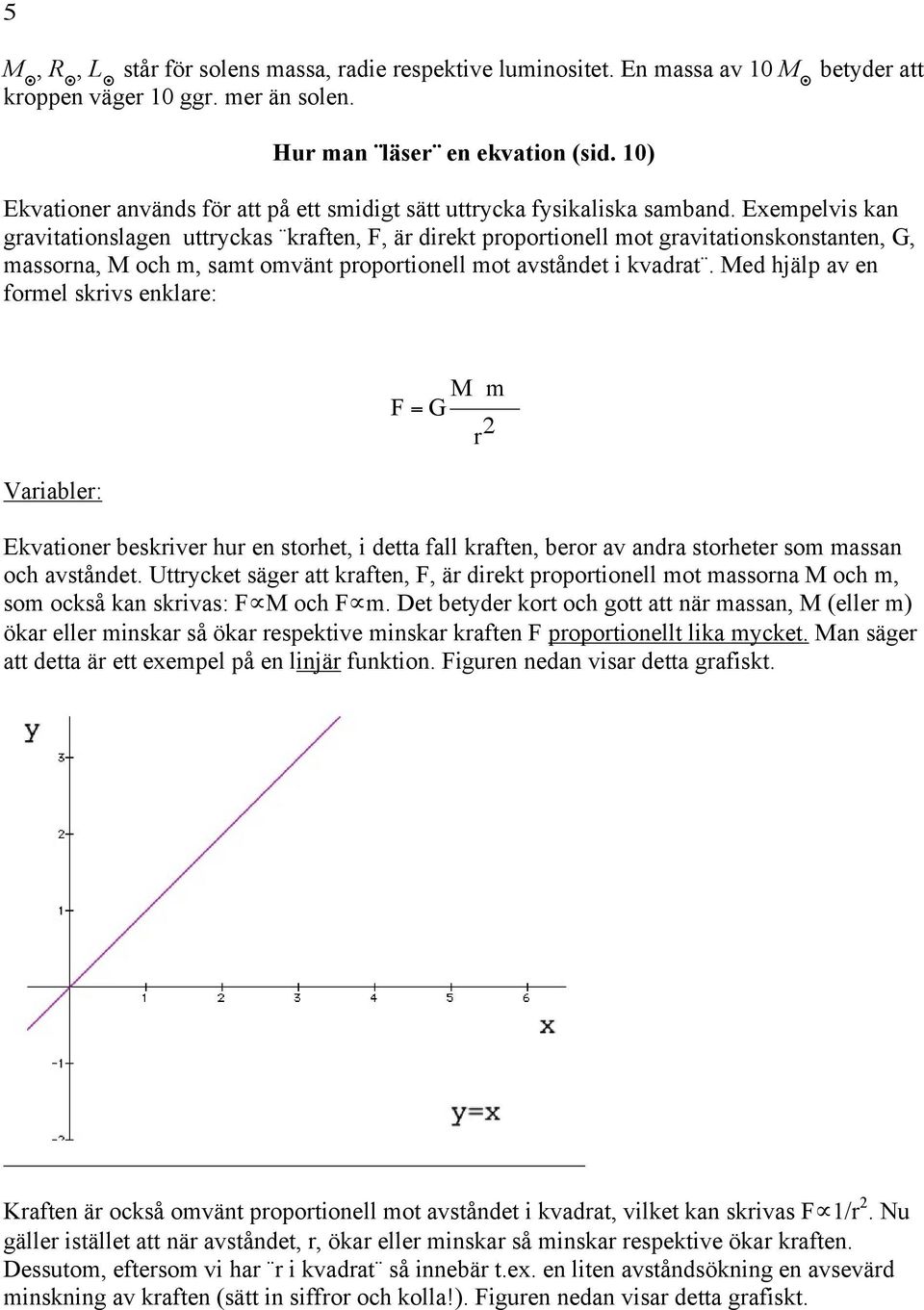 Exempelvis kan gravitationslagen uttryckas kraften, F, är direkt proportionell mot gravitationskonstanten, G, massorna, M och m, samt omvänt proportionell mot avståndet i kvadrat.