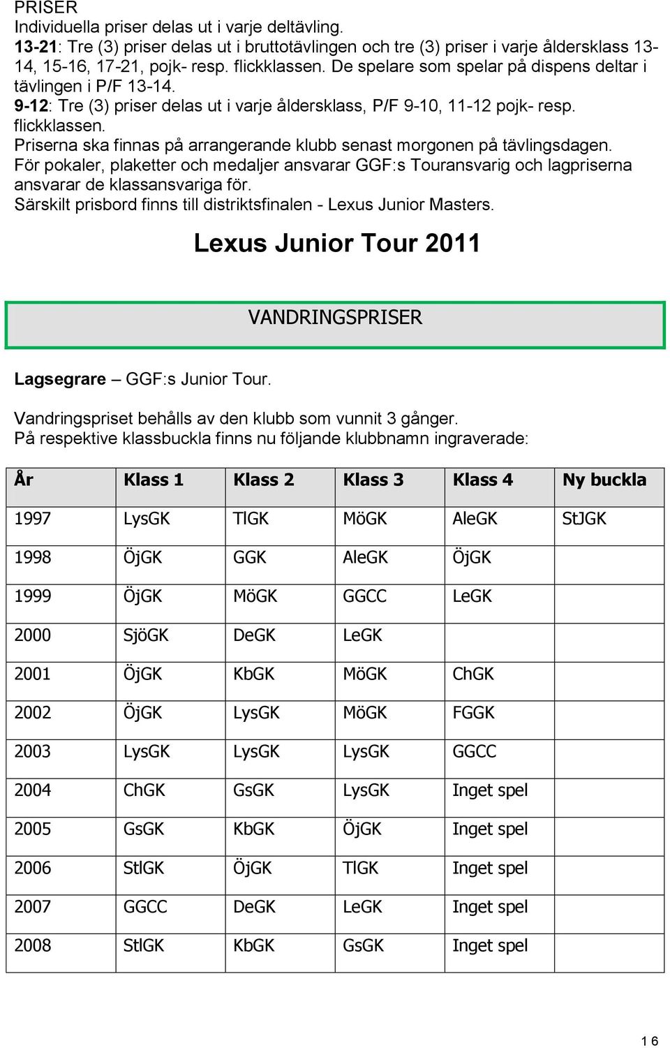 Priserna ska finnas på arrangerande klubb senast morgonen på tävlingsdagen. För pokaler, plaketter och medaljer ansvarar GGF:s Touransvarig och lagpriserna ansvarar de klassansvariga för.