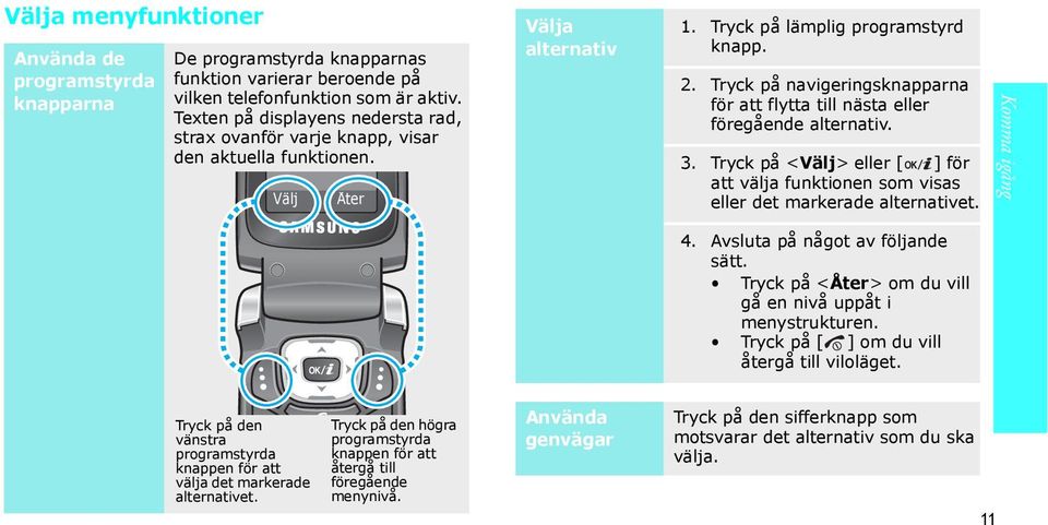 Tryck på navigeringsknapparna för att flytta till nästa eller föregående alternativ. 3. Tryck på <Välj> eller [ ] för att välja funktionen som visas eller det markerade alternativet. Komma igång 4.