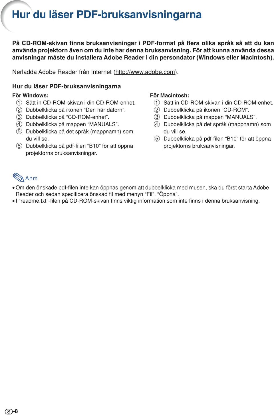 Hur du läser PDF-bruksanvisningarna För Windows: 1 Sätt in CD-ROM-skivan i din CD-ROM-enhet. 2 Dubbelklicka på ikonen Den här datorn. 3 Dubbelklicka på CD-ROM-enhet. 4 Dubbelklicka på mappen MANUALS.