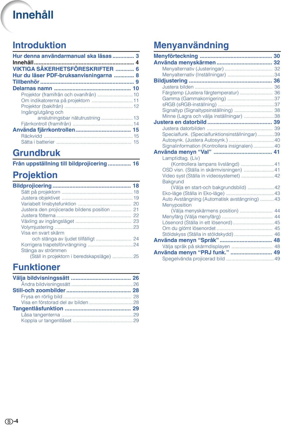 ..14 Använda fjärrkontrollen... 15 Räckvidd...15 Sätta i batterier... 15 Grundbruk Från uppställning till bildprojicering... 16 Projektion Bildprojicering... 18 Sätt på projektorn.