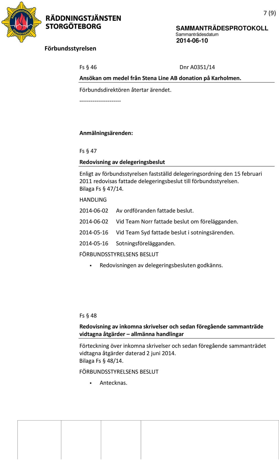 till förbundsstyrelsen. Bilaga Fs 47/14. HANDLING 2014-06-02 Av ordföranden fattade beslut. 2014-06-02 Vid Team Norr fattade beslut om förelägganden.