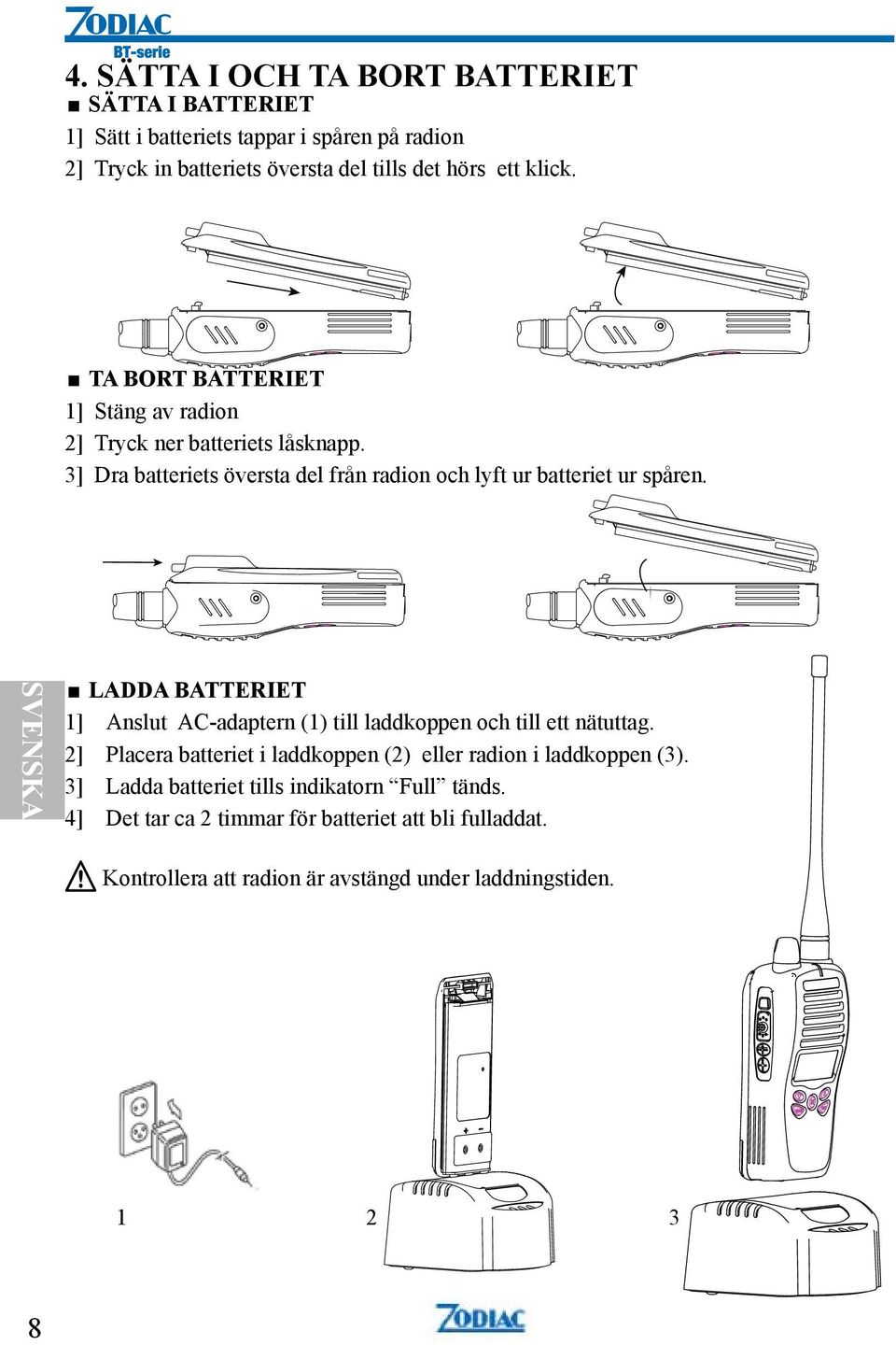 SVENSKA LADDA BATTERIET 1] Anslut AC-adaptern (1) till laddkoppen och till ett nätuttag. 2] Placera batteriet i laddkoppen (2) eller radion i laddkoppen (3).