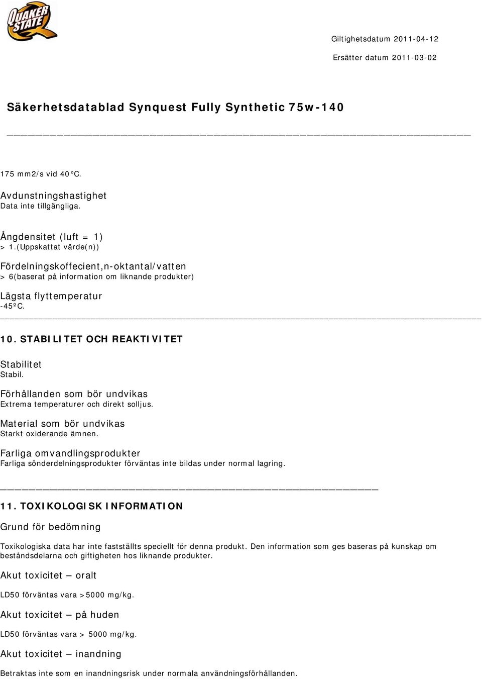 Förhållanden som bör undvikas Extrema temperaturer och direkt solljus. Material som bör undvikas Starkt oxiderande ämnen.