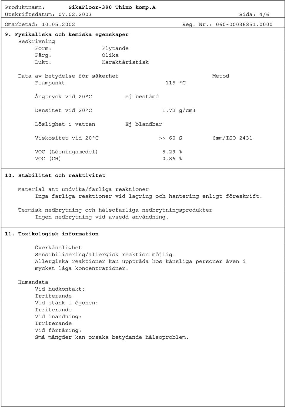 72 g/cm3 Löslighet i vatten Ej blandbar Viskositet vid 20 C >> 60 S 6mm/ISO 2431 VOC (Lösningsmedel) 5.29 % VOC (CH) 0.86 % 10.