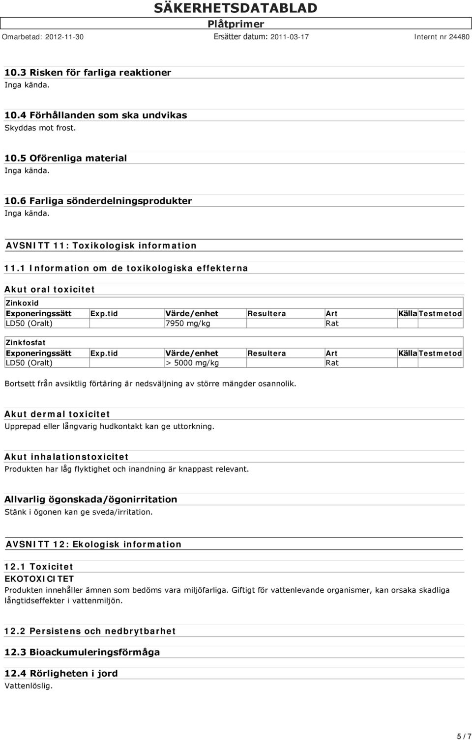 tid Värde/enhet Resultera Art Källa Testmetod LD50 (Oralt) 7950 mg/kg Rat Zinkfosfat Exponeringssätt Exp.