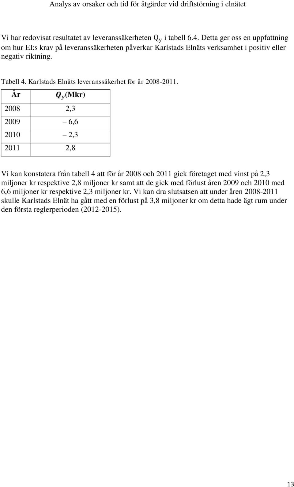 Karlstads Elnäts leveranssäkerhet för år 2008-2011.