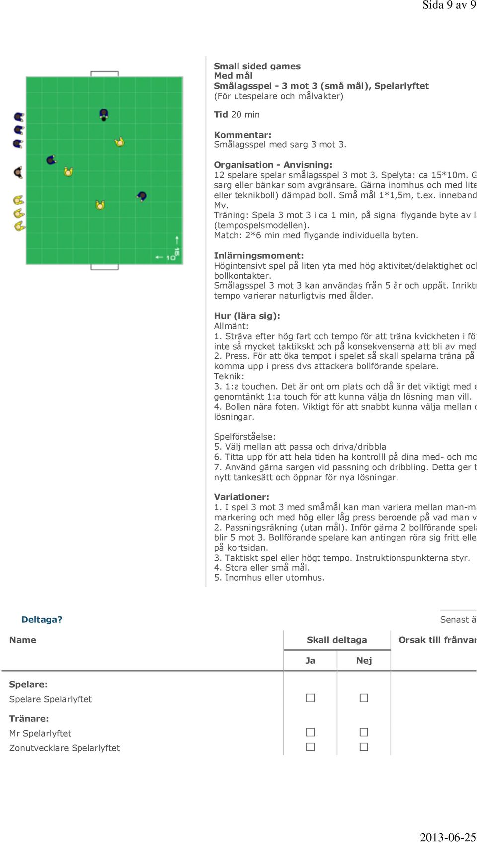 Träning: Spela 3 mot 3 i ca 1 min, på signal flygande byte av lag (tempospelsmodellen). Match: 2*6 min med flygande individuella byten.