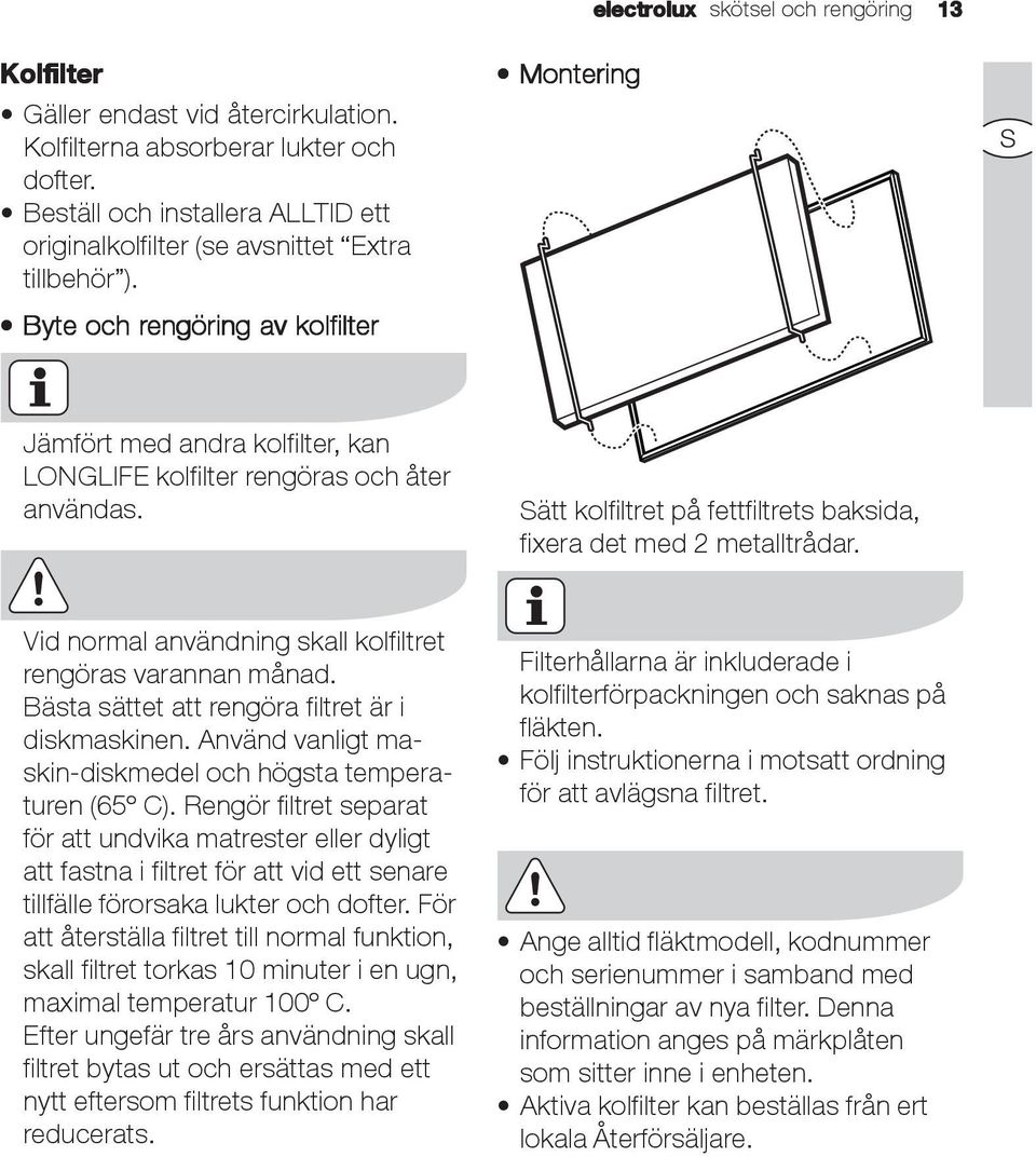 Byte och rengöring av kolfilter Montering S Jämfört med andra kolfilter, kan LONGLIFE kolfilter rengöras och åter användas. Sätt kolfiltret på fettfiltrets baksida, fixera det med 2 metalltrådar.