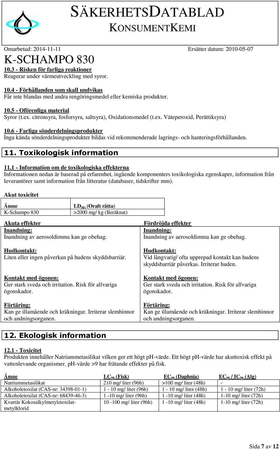 6 - Farliga sönderdelningsprodukter Inga kända sönderdelningsprodukter bildas vid rekommenderade lagrings- och hanteringsförhållanden. 11. Toxikologisk information 11.