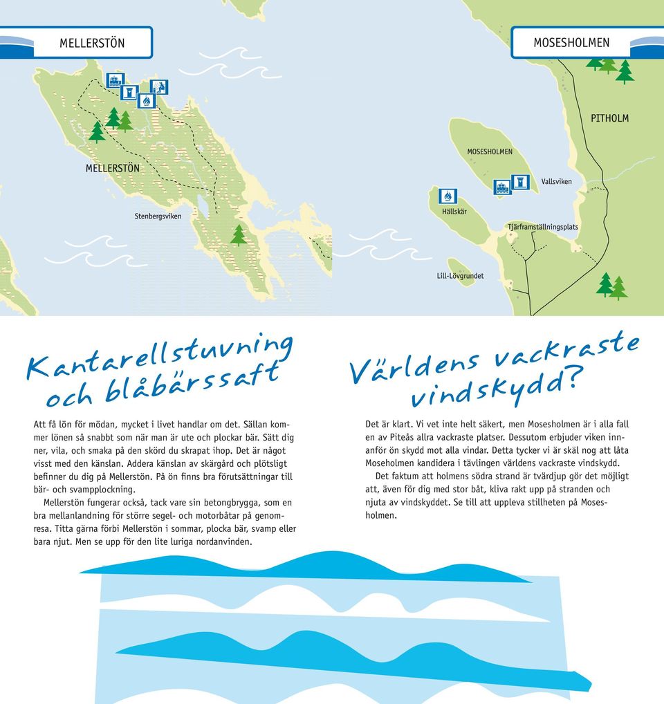 På ön finns bra förutsättningar till bär- och svampplockning. Mellerstön fungerar också, tack vare sin betongbrygga, som en bra mellanlandning för större segel- och motorbåtar på genomresa.